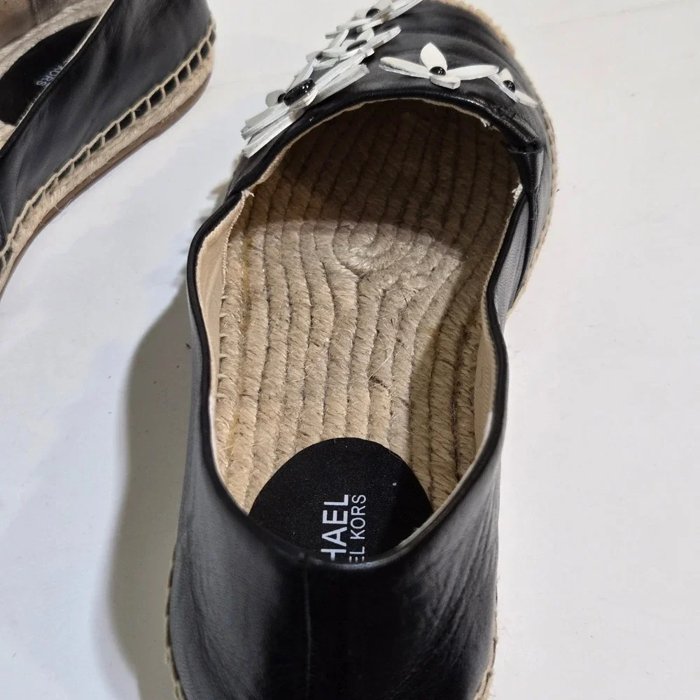 Michael Kors Lola Espadrille Flats Womens 7 Black White Floral Leather Applique